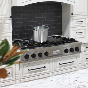 ZLINE Autograph Edition 48 in. Legacy Gas Rangetop with 7 Burners and Porcelain Cooktop in Satin Stainless Steel with Matte Black Accents (RTSZ-48-MB) in a luxury kitchen.