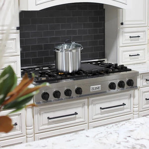 ZLINE Autograph Edition 48 in. Legacy Gas Rangetop with 7 Burners and Porcelain Cooktop in Satin Stainless Steel with Matte Black Accents (RTSZ-48-MB) in a farmhouse kitchen with white cabinets, marble countertops, and decorative elements.