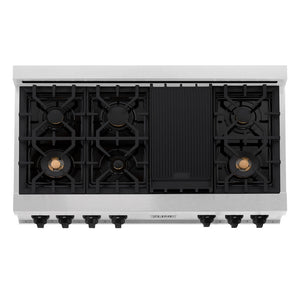 ZLINE Autograph Edition 48 in. Legacy Gas Rangetop with 7 Burners and Porcelain Cooktop in Satin Stainless Steel with Matte Black Accents (RTSZ-48-MB) top-down, above cooktop.
