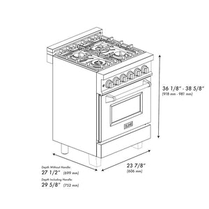 ZLINE Autograph Edition 24 in. 2.8 cu. ft. Legacy Dual Fuel Range with 4 Burner Gas Cooktop and Electric Convection Oven in Satin Stainless Steel with White Matte Door and Matte Black Accents (RASZ-WM-24-MB) dimensional diagram.
