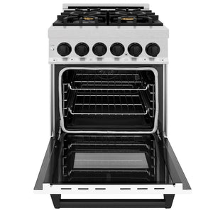 ZLINE Autograph Edition 24 in. 2.8 cu. ft. Legacy Dual Fuel Range with 4 Burner Gas Cooktop and Electric Convection Oven in Satin Stainless Steel with White Matte Door and Matte Black Accents (RASZ-WM-24-MB) front, open.