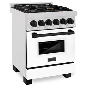 ZLINE Autograph Edition 24 in. 2.8 cu. ft. Legacy Dual Fuel Range with 4 Burner Gas Cooktop and Electric Convection Oven in Satin Stainless Steel with White Matte Door and Matte Black Accents (RASZ-WM-24-MB)
