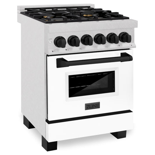 ZLINE Autograph Edition 24 in. 2.8 cu. ft. Legacy Dual Fuel Range with 4 Burner Gas Cooktop and Electric Convection Oven in Satin Stainless Steel with White Matte Door and Matte Black Accents (RASZ-WM-24-MB)