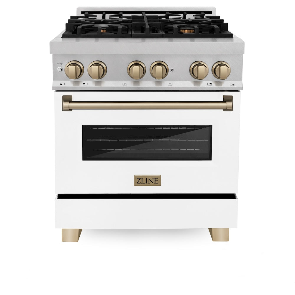 ZLINE Autograph Edition 30 in. 4.0 cu. ft. Legacy Dual Fuel Range with 4 Burner Gas Cooktop and Electric Convection Oven in Satin Stainless Steel with White Matte Door and Champagne Bronze Accents (RASZ-WM-30-CB) front, oven closed.