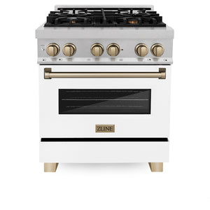 ZLINE Autograph Edition 30 in. 4.0 cu. ft. Legacy Dual Fuel Range with 4 Burner Gas Cooktop and Electric Convection Oven in Satin Stainless Steel with White Matte Door and Champagne Bronze Accents (RASZ-WM-30-CB) front, oven closed.