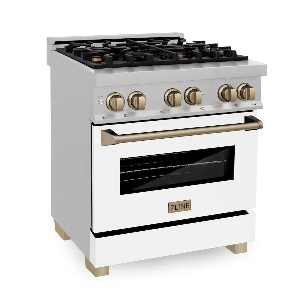 ZLINE Autograph Edition 30 in. 4.0 cu. ft. Legacy Dual Fuel Range with 4 Burner Gas Cooktop and Electric Convection Oven in Satin Stainless Steel with White Matte Door and Champagne Bronze Accents (RASZ-WM-30-CB) main image.