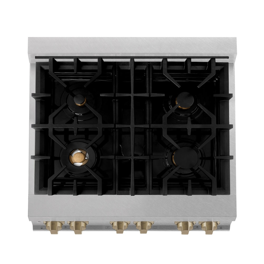 ZLINE Autograph Edition 30 in. 4.0 cu. ft. Legacy Dual Fuel Range with 4 Burner Gas Cooktop and Electric Convection Oven in Satin Stainless Steel with White Matte Door and Champagne Bronze Accents (RASZ-WM-30-CB) top-down, above cooktop.