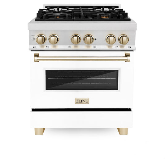 ZLINE Autograph Edition 30 in. 4.0 cu. ft. Legacy Dual Fuel Range with 4 Burner Gas Cooktop and Electric Convection Oven in Satin Stainless Steel with White Matte Door and Polished Gold Accents (RASZ-WM-30-G) front, oven closed.
