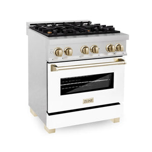 ZLINE Autograph Edition 30 in. 4.0 cu. ft. Legacy Dual Fuel Range with 4 Burner Gas Cooktop and Electric Convection Oven in Satin Stainless Steel with White Matte Door and Polished Gold Accents (RASZ-WM-30-G) main image.
