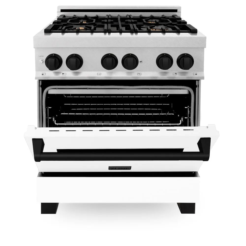 ZLINE Autograph Edition 30 in. 4.0 cu. ft. Legacy Dual Fuel Range with 4 Burner Gas Cooktop and Electric Convection Oven in Satin Stainless Steel with White Matte Door and Matte Black Accents (RASZ-WM-30-MB) front, oven half open.