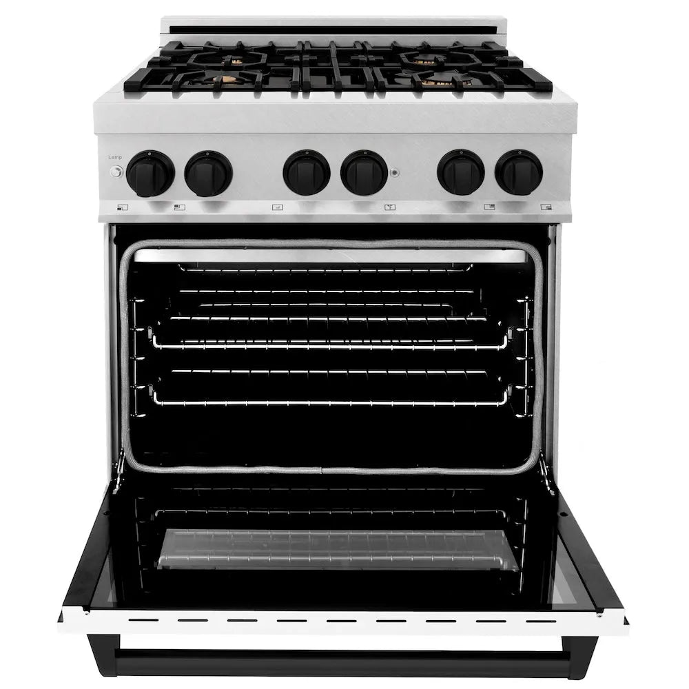 ZLINE Autograph Edition 30 in. 4.0 cu. ft. Legacy Dual Fuel Range with 4 Burner Gas Cooktop and Electric Convection Oven in Satin Stainless Steel with White Matte Door and Matte Black Accents (RASZ-WM-30-MB) front, open.