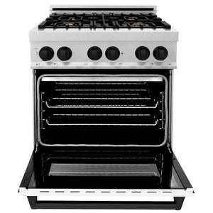 ZLINE Autograph Edition 30 in. 4.0 cu. ft. Legacy Dual Fuel Range with 4 Burner Gas Cooktop and Electric Convection Oven in Satin Stainless Steel with White Matte Door and Matte Black Accents (RASZ-WM-30-MB) front, open.