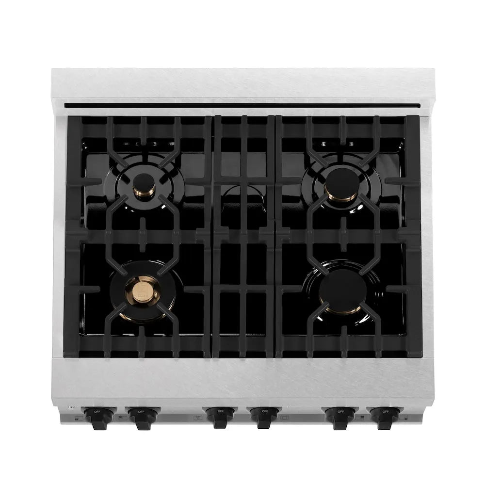 ZLINE Autograph Edition 30 in. 4.0 cu. ft. Legacy Dual Fuel Range with 4 Burner Gas Cooktop and Electric Convection Oven in Satin Stainless Steel with White Matte Door and Matte Black Accents (RASZ-WM-30-MB) top-down, above cooktop.
