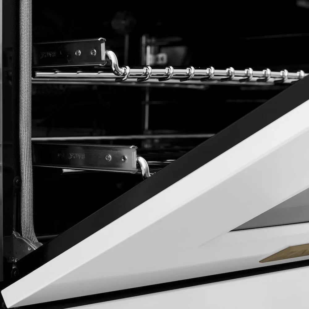 ZLINE Autograph Edition 36 in. 4.6 cu. ft. Legacy Dual Fuel Range with 6 Burner Gas Cooktop and Electric Convection Oven in Satin Stainless Steel with White Matte Door and Champagne Bronze Accents (RASZ-WM-36-CB) oven door detail half open.