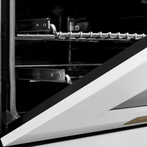 ZLINE Autograph Edition 36 in. 4.6 cu. ft. Legacy Dual Fuel Range with 6 Burner Gas Cooktop and Electric Convection Oven in Satin Stainless Steel with White Matte Door and Champagne Bronze Accents (RASZ-WM-36-CB) oven door detail half open.