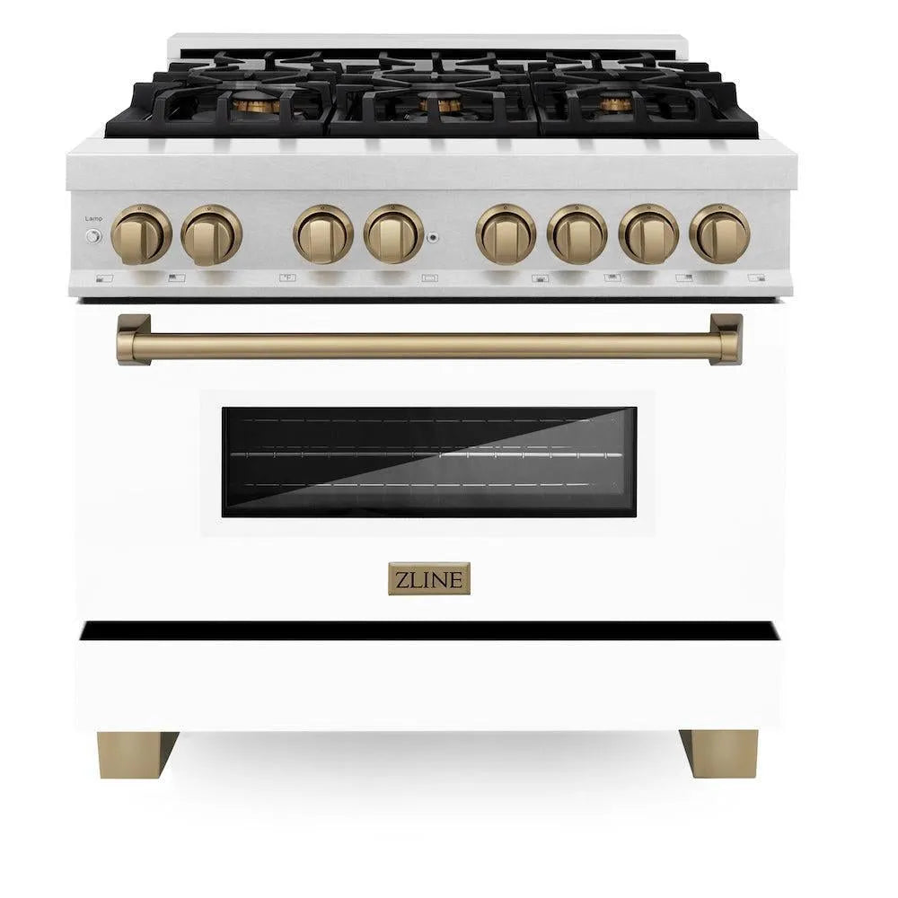 ZLINE Autograph Edition 36 in. 4.6 cu. ft. Legacy Dual Fuel Range with 6 Burner Gas Cooktop and Electric Convection Oven in Satin Stainless Steel with White Matte Door and Champagne Bronze Accents (RASZ-WM-36-CB) front, oven closed.