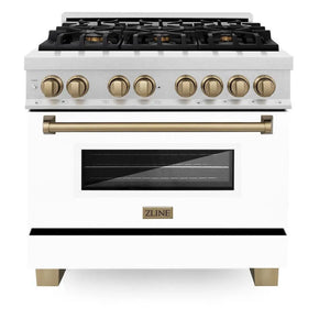 ZLINE Autograph Edition 36 in. 4.6 cu. ft. Legacy Dual Fuel Range with 6 Burner Gas Cooktop and Electric Convection Oven in Satin Stainless Steel with White Matte Door and Champagne Bronze Accents (RASZ-WM-36-CB) front, oven closed.