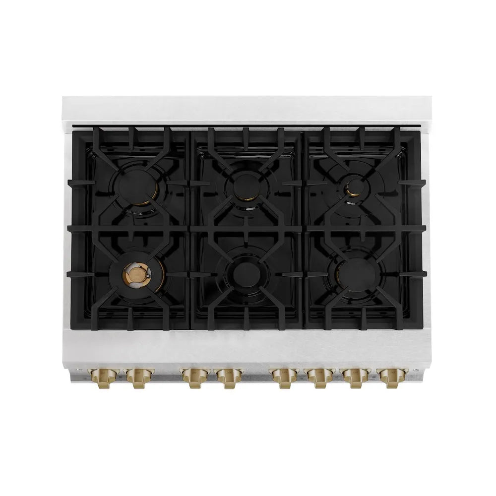 ZLINE Autograph Edition 36 in. 4.6 cu. ft. Legacy Dual Fuel Range with 6 Burner Gas Cooktop and Electric Convection Oven in Satin Stainless Steel with White Matte Door and Champagne Bronze Accents (RASZ-WM-36-CB) top-down, above cooktop.