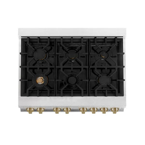 ZLINE Autograph Edition 36 in. 4.6 cu. ft. Legacy Dual Fuel Range with 6 Burner Gas Cooktop and Electric Convection Oven in Satin Stainless Steel with White Matte Door and Champagne Bronze Accents (RASZ-WM-36-CB) top-down, above cooktop.