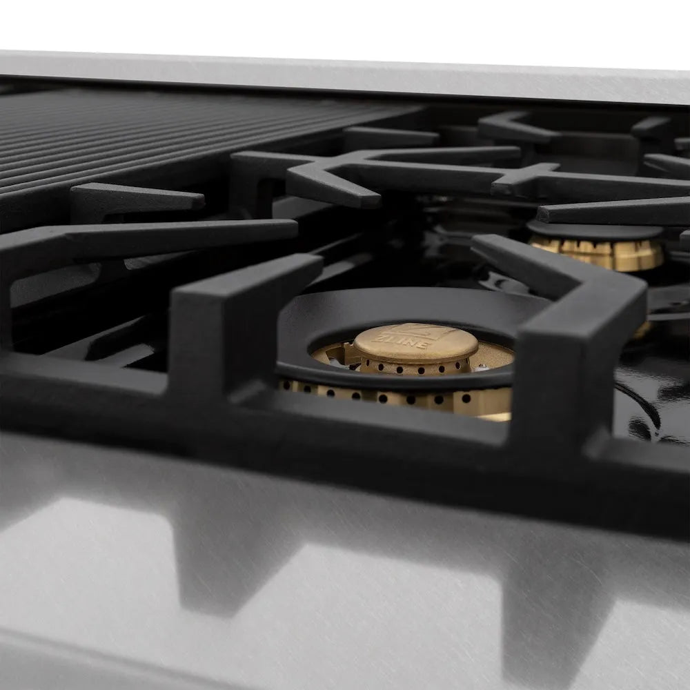 ZLINE Autograph Edition 48 in. 6.0 cu. ft. Legacy Dual Fuel Range with 7 Burner Gas Cooktop and 2 Electric Ovens in Satin Stainless Steel with White Matte Doors and Champagne Bronze Accents (RASZ-WM-48-CB) close-up, gas burners.