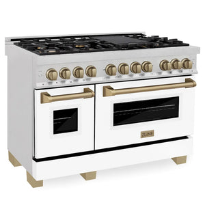 ZLINE Autograph Edition 48 in. 6.0 cu. ft. Legacy Dual Fuel Range with 7 Burner Gas Cooktop and 2 Electric Ovens in Satin Stainless Steel with White Matte Doors and Champagne Bronze Accents (RASZ-WM-48-CB) main image.
