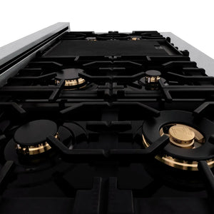 ZLINE Autograph Edition 48 in. 6.0 cu. ft. Legacy Dual Fuel Range with 7 Burner Gas Cooktop and 2 Electric Ovens in Satin Stainless Steel with White Matte Doors and Polished Gold Accents (RASZ-WM-48-G) close-up, brass burners.