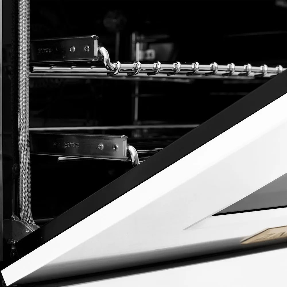 ZLINE Autograph Edition 48 in. 6.0 cu. ft. Legacy Dual Fuel Range with 7 Burner Gas Cooktop and 2 Electric Ovens in Satin Stainless Steel with White Matte Doors and Polished Gold Accents (RASZ-WM-48-G) close-up, oven open door.