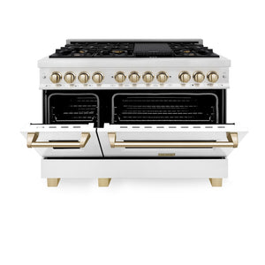 ZLINE Autograph Edition 48 in. 6.0 cu. ft. Legacy Dual Fuel Range with 7 Burner Gas Cooktop and 2 Electric Ovens in Satin Stainless Steel with White Matte Doors and Polished Gold Accents (RASZ-WM-48-G) front, oven half open.