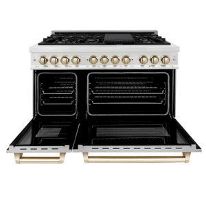 ZLINE Autograph Edition 48 in. 6.0 cu. ft. Legacy Dual Fuel Range with 7 Burner Gas Cooktop and 2 Electric Ovens in Satin Stainless Steel with White Matte Doors and Polished Gold Accents (RASZ-WM-48-G) front, open.