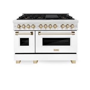 ZLINE Autograph Edition 48 in. 6.0 cu. ft. Legacy Dual Fuel Range with 7 Burner Gas Cooktop and 2 Electric Ovens in Satin Stainless Steel with White Matte Doors and Polished Gold Accents (RASZ-WM-48-G) front, oven closed.