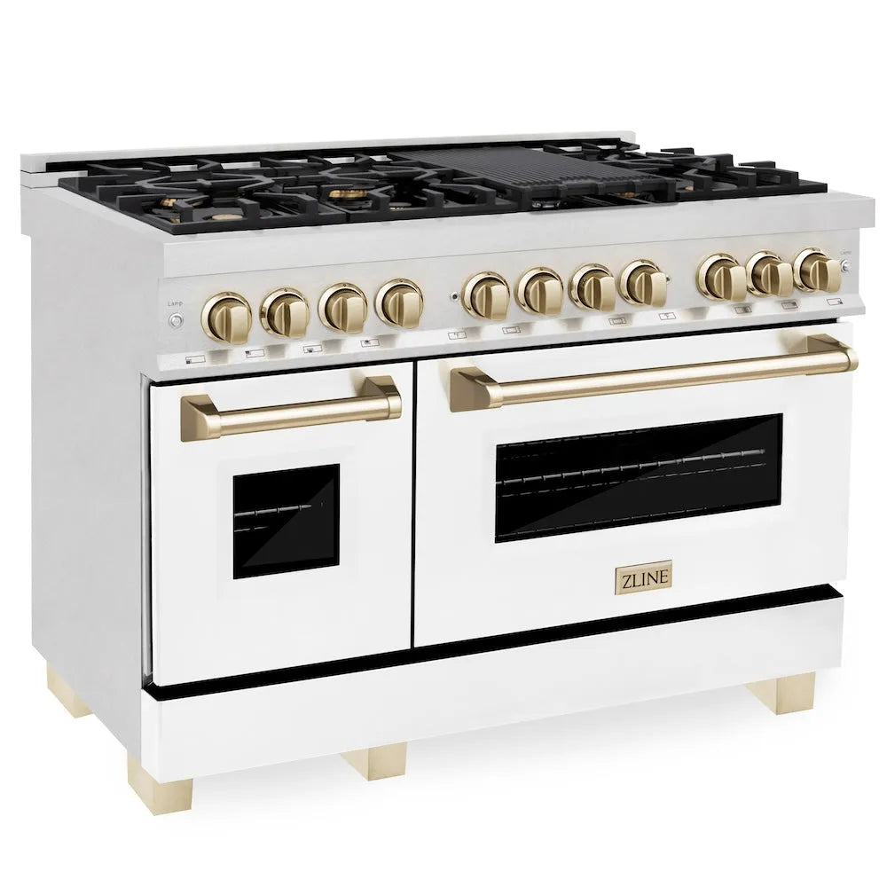 ZLINE Autograph Edition 48 in. 6.0 cu. ft. Legacy Dual Fuel Range with 7 Burner Gas Cooktop and 2 Electric Ovens in Satin Stainless Steel with White Matte Doors and Polished Gold Accents (RASZ-WM-48-G) main image.