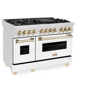 ZLINE Autograph Edition 48 in. 6.0 cu. ft. Legacy Dual Fuel Range with 7 Burner Gas Cooktop and 2 Electric Ovens in Satin Stainless Steel with White Matte Doors and Polished Gold Accents (RASZ-WM-48-G)