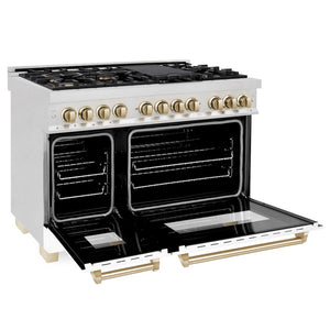 ZLINE Autograph Edition 48 in. 6.0 cu. ft. Legacy Dual Fuel Range with 7 Burner Gas Cooktop and 2 Electric Ovens in Satin Stainless Steel with White Matte Doors and Polished Gold Accents (RASZ-WM-48-G) side, oven open.