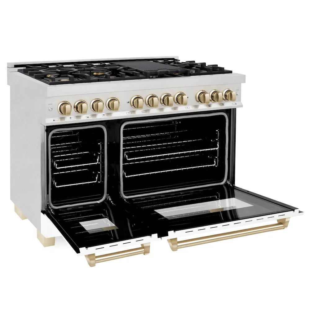 ZLINE Autograph Edition 48 in. 6.0 cu. ft. Legacy Dual Fuel Range with 7 Burner Gas Cooktop and 2 Electric Ovens in Satin Stainless Steel with White Matte Doors and Polished Gold Accents (RASZ-WM-48-G) side, oven open.