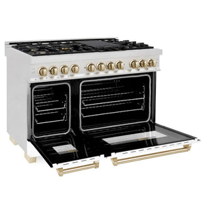 ZLINE Autograph Edition 48 in. 6.0 cu. ft. Legacy Dual Fuel Range with 7 Burner Gas Cooktop and 2 Electric Ovens in Satin Stainless Steel with White Matte Doors and Polished Gold Accents (RASZ-WM-48-G) side, oven open.