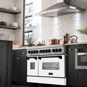 ZLINE Autograph Edition 48 in. 6.0 cu. ft. Legacy Dual Fuel Range with 7 Burner Gas Cooktop and 2 Electric Ovens in Satin Stainless Steel with White Matte Doors and Matte Black Accents (RASZ-WM-48-MB) below, in a luxury farmhouse-style kitchen.