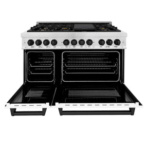 ZLINE Autograph Edition 48 in. 6.0 cu. ft. Legacy Dual Fuel Range with 7 Burner Gas Cooktop and 2 Electric Ovens in Satin Stainless Steel with White Matte Doors and Matte Black Accents (RASZ-WM-48-MB) front, oven open.