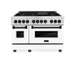 ZLINE Autograph Edition 48 in. 6.0 cu. ft. Legacy Dual Fuel Range with 7 Burner Gas Cooktop and 2 Electric Ovens in Satin Stainless Steel with White Matte Doors and Matte Black Accents (RASZ-WM-48-MB) front, oven closed.