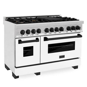 ZLINE Autograph Edition 48 in. 6.0 cu. ft. Legacy Dual Fuel Range with 7 Burner Gas Cooktop and 2 Electric Ovens in Satin Stainless Steel with White Matte Doors and Matte Black Accents (RASZ-WM-48-MB)