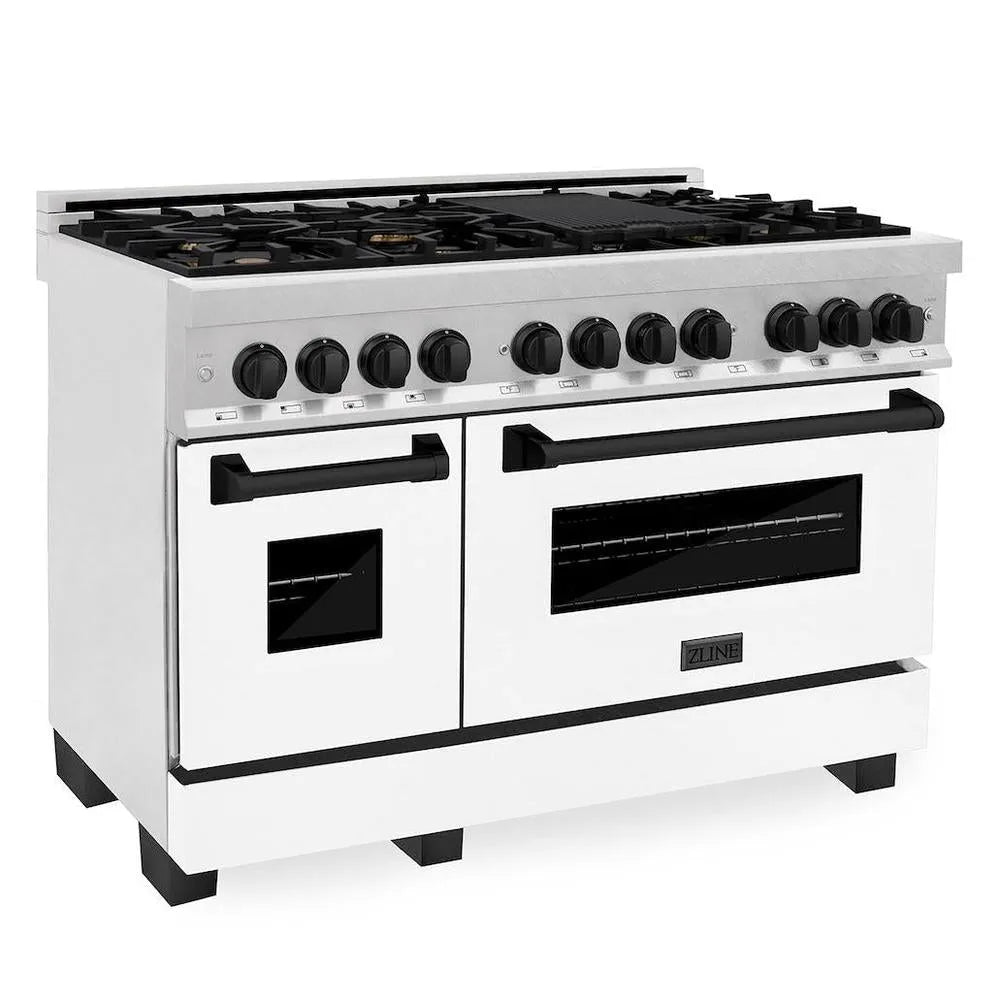 ZLINE Autograph Edition 48 in. 6.0 cu. ft. Legacy Dual Fuel Range with 7 Burner Gas Cooktop and 2 Electric Ovens in Satin Stainless Steel with White Matte Doors and Matte Black Accents (RASZ-WM-48-MB) main image.