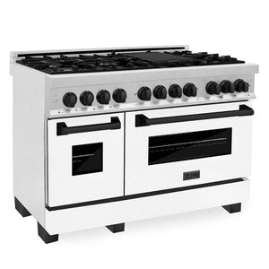 ZLINE Autograph Edition 48 in. 6.0 cu. ft. Legacy Dual Fuel Range with 7 Burner Gas Cooktop and 2 Electric Ovens in Satin Stainless Steel with White Matte Doors and Matte Black Accents (RASZ-WM-48-MB) main image.