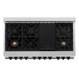ZLINE Autograph Edition 48 in. 6.0 cu. ft. Legacy Dual Fuel Range with 7 Burner Gas Cooktop and 2 Electric Ovens in Satin Stainless Steel with White Matte Doors and Matte Black Accents (RASZ-WM-48-MB) top-down, above cooktop.