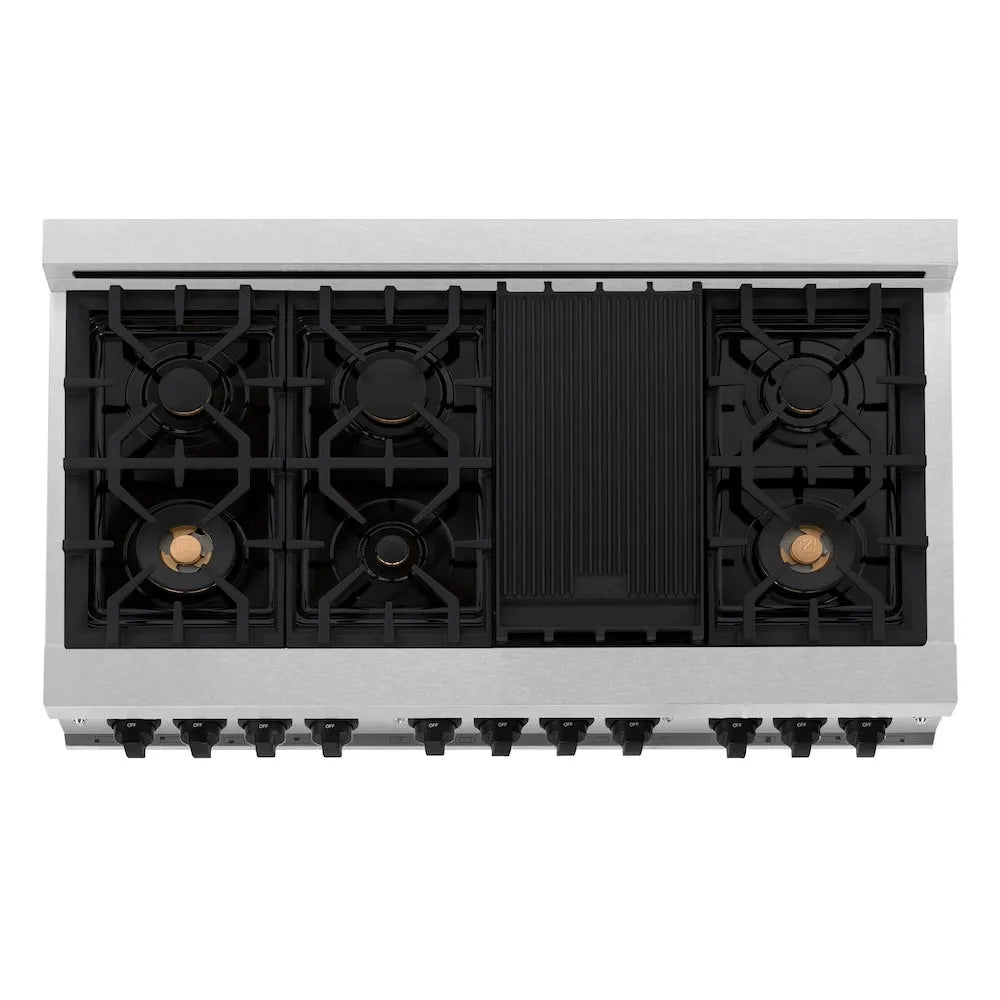 ZLINE Autograph Edition 48 in. 6.0 cu. ft. Legacy Dual Fuel Range with 7 Burner Gas Cooktop and 2 Electric Ovens in Satin Stainless Steel with White Matte Doors and Matte Black Accents (RASZ-WM-48-MB) top-down, above cooktop.