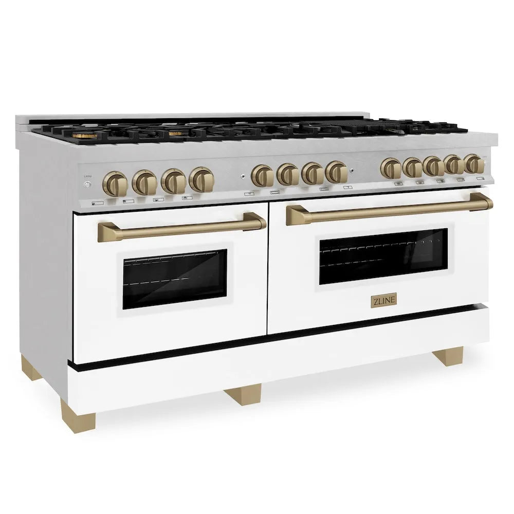ZLINE Autograph Edition 60 in. 7.4 cu. ft. Legacy Dual Fuel Range with 9 Burner Gas Cooktop and 2 Electric Convection Ovens in Satin Stainless Steel with White Matte Doors and Champagne Bronze Accents (RASZ-WM-60-CB) main image.