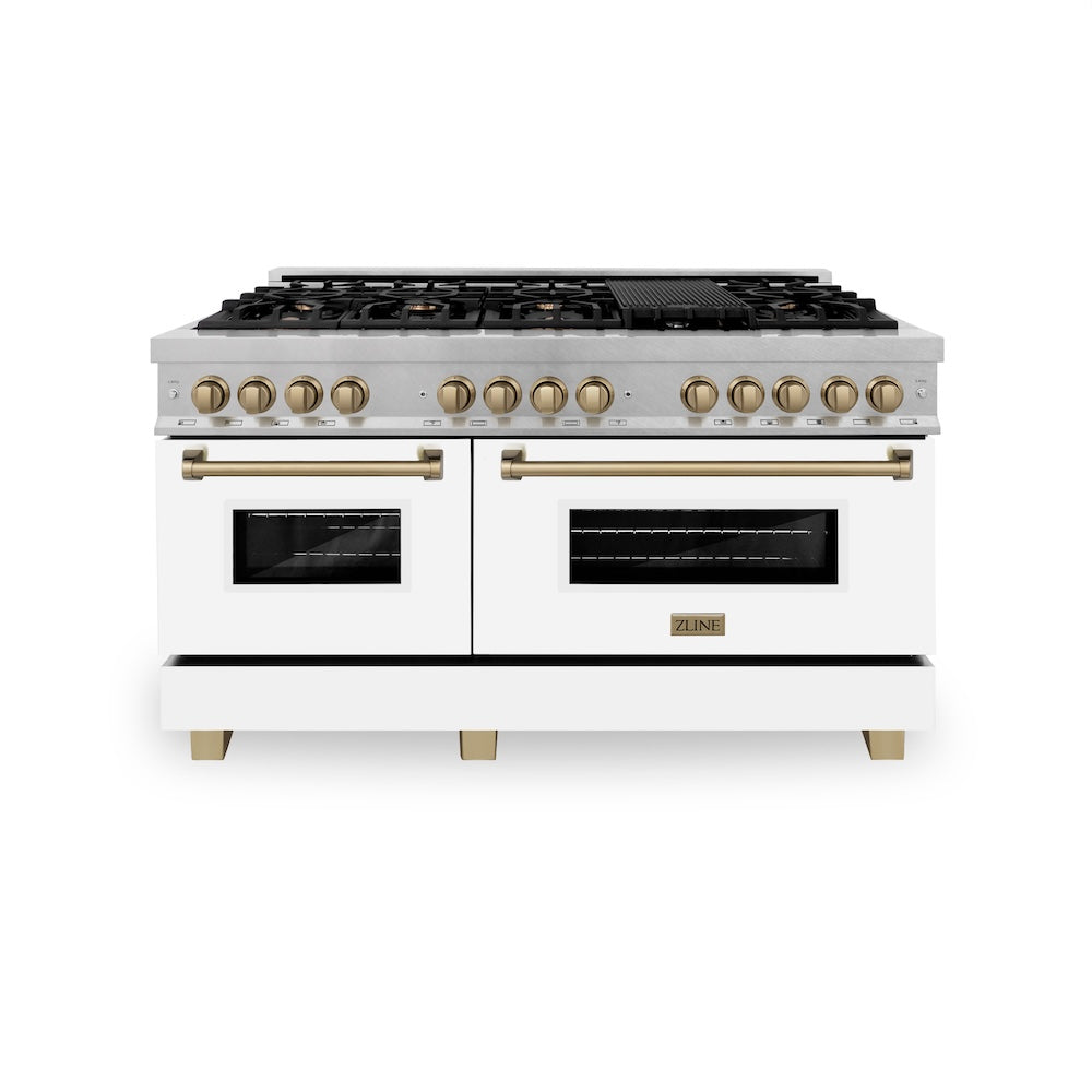 ZLINE Autograph Edition 60 in. 7.4 cu. ft. Legacy Dual Fuel Range with 9 Burner Gas Cooktop and 2 Electric Convection Ovens in Satin Stainless Steel with White Matte Doors and Champagne Bronze Accents (RASZ-WM-60-CB) front, oven closed.
