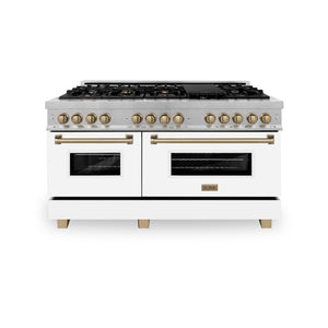 ZLINE Autograph Edition 60 in. 7.4 cu. ft. Legacy Dual Fuel Range with 9 Burner Gas Cooktop and 2 Electric Convection Ovens in Satin Stainless Steel with White Matte Doors and Champagne Bronze Accents (RASZ-WM-60-CB) front, oven closed.