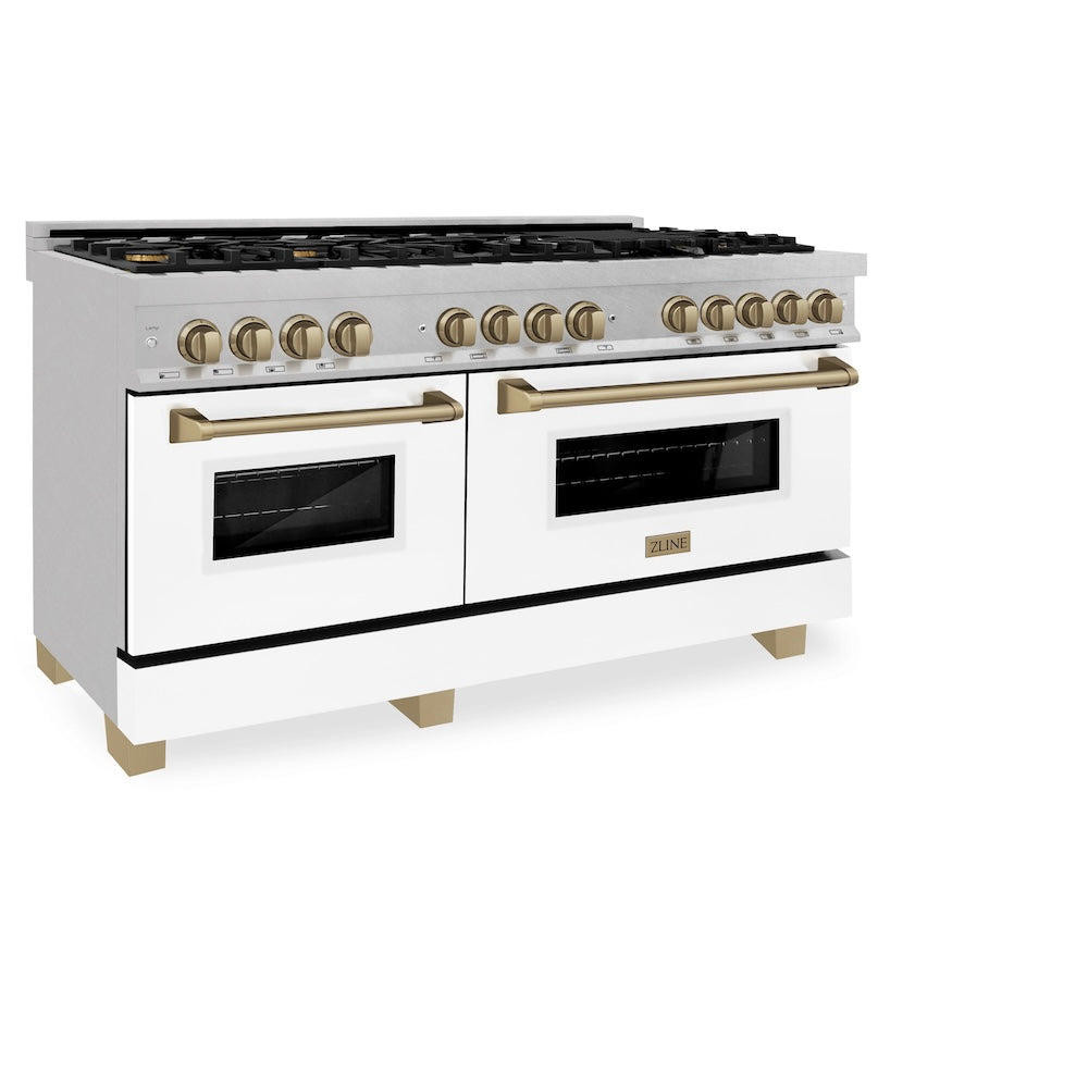 ZLINE Autograph Edition 60 in. 7.4 cu. ft. Legacy Dual Fuel Range with 9 Burner Gas Cooktop and 2 Electric Convection Ovens in Satin Stainless Steel with White Matte Doors and Champagne Bronze Accents (RASZ-WM-60-CB)