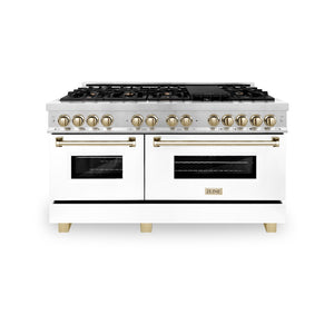 ZLINE Autograph Edition 60 in. 7.4 cu. ft. Legacy Dual Fuel Range with 9 Burner Gas Cooktop and 2 Electric Convection Ovens in Satin Stainless Steel with White Matte Doors and Polished Gold Accents (RASZ-WM-60-G) front, oven closed.