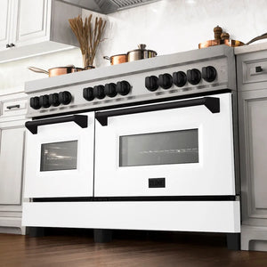 ZLINE Autograph Edition 60 in. 7.4 cu. ft. Legacy Dual Fuel Range with 9 Burner Gas Cooktop and 2 Electric Convection Ovens in Satin Stainless Steel with White Matte Doors and Matte Black Accents (RASZ-WM-60-MB) below, in a luxury farmhouse-style kitchen.