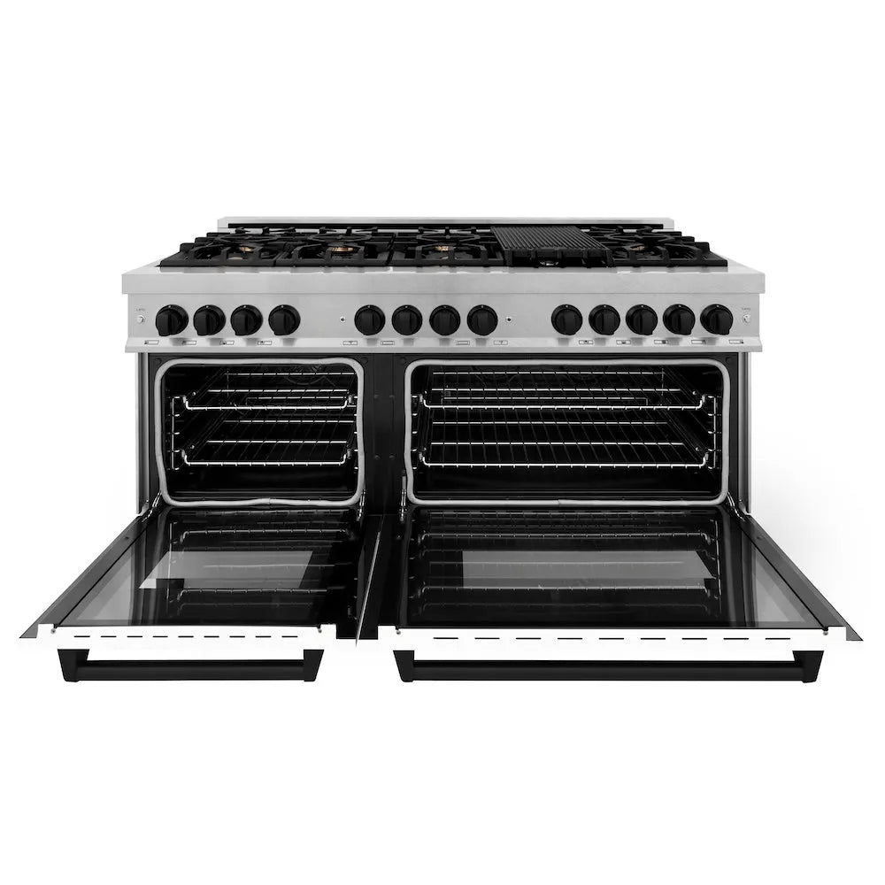 ZLINE Autograph Edition 60 in. 7.4 cu. ft. Legacy Dual Fuel Range with 9 Burner Gas Cooktop and 2 Electric Convection Ovens in Satin Stainless Steel with White Matte Doors and Matte Black Accents (RASZ-WM-60-MB) front, open.